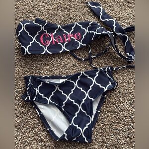 Navy and White Bikini Set with Claire on it